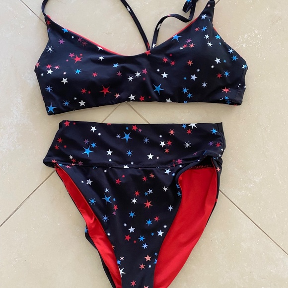 Hurley Cosmic Star Swim Bikini High Waist Bottom Racerback Top Size L - Picture 3 of 8